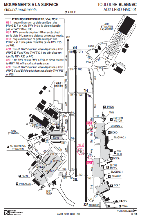 Taxiing in Blagnac. Special attention to the crossing of 32R by way of M4 and N4. Note parking Golf. Departure from 32R by way of N1.