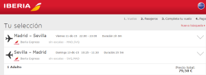 Price flight Madrid - Sevilla (2015).